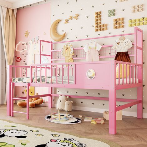 Cama alta infantil 90x200 cm de metal rosa, ahorro de espacio, sin colchón FloraGrace (1/5)