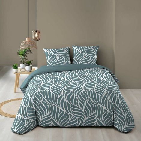 Housse de couette 240 x 220 cm imprimée 57 fils – MORGANE Bleu – 2 taies incluses