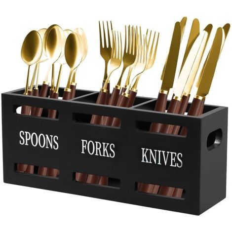 Porte-Ustensiles de Cuisine, 3 Compartiments Porte-Couverts en Bois Pots à Ustensiles pour Plan de Travail Porte-Ustensiles de Cuisine Multifonction pour Décoration de Comptoir (Noir) (1/5)