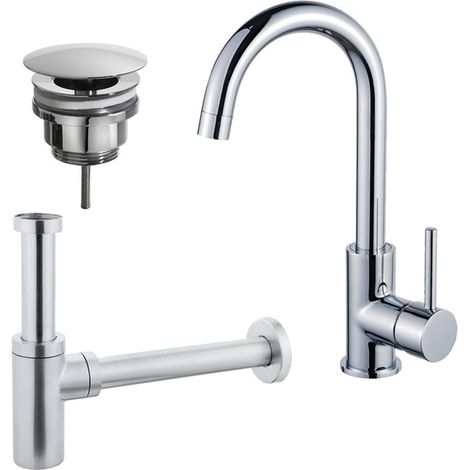 Fortifura Calvi Kit robinet lavabo - robinet haut - bec rotatif - bonde non-obturable - siphon design - Chrome brillant