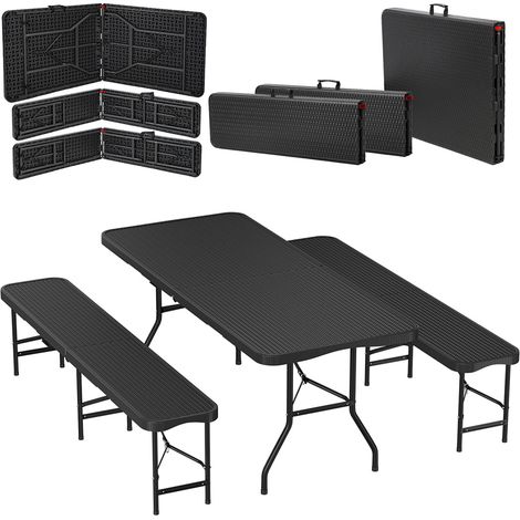 Randaco – Table de jardin pliante 3 pièces – Ensemble pour 6-10 personnes – 180 cm HDPE + acier – Résistant aux intempéries – Poignée de transport