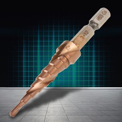 foret conique étagé à rainure hélicoïdale avec poignée hexagonale en acier rapide au cobalt (3-12 mm) (1/5)