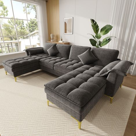 Canapé d'angle en U 262x134 cm 4 à 5 places avec 2 méridiennes, 2 coussins, tissu chenille gris, pieds en métal (1/5)