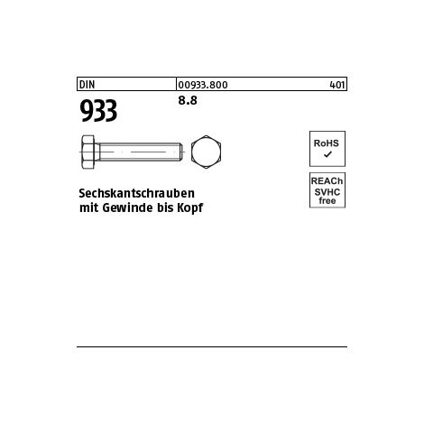DIN 933 Sechskantschraube VG M12x45 Stahl 8.8 blank 100 Stk