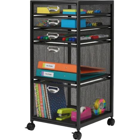 Caisson à roulettes, 5 tiroirs, design en maille, H x L x P : 59 x 27,5 x 35 cm, caisson de bureau, noir (1/5)