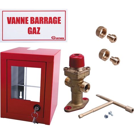 Gurtner – Coffret gaz coupure avec vanne coup de poing DN25 – Raccordement cuivre Ø28 – Signalisation incluse – Dimensions 165x220x180mm