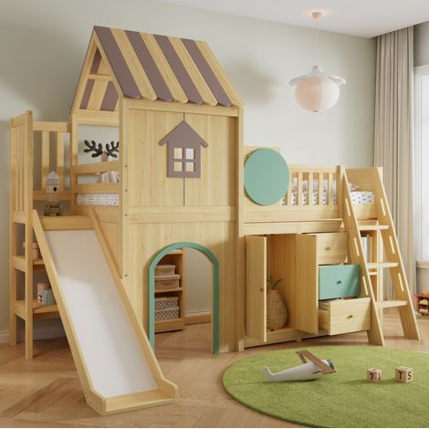 Cama infantil de 90x200cm con forma de casita, con tobogán, escalera de 3 peldaños, espacio de almacenamiento, madera natural y verde. (1/5)