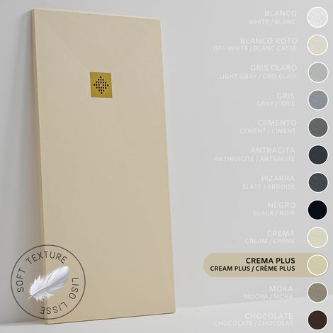 SOULHOME Receveur de Douche -Résine -Gel Coat -Texture Lisse Soie -Antidérapant -Couleur Crème Intense - 130x80- Extra plat 3cm. GRILLE DORÉE (1/5)