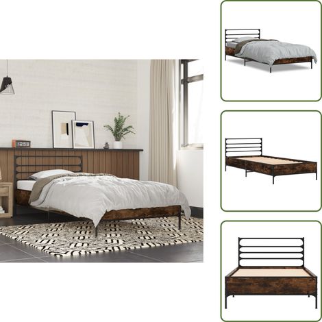 Bettgestell Räuchereiche 90x200 cm Holzwerkstoff und Metall - Holzbettrahmen - Doppelbett - Bettkopf - Massivholzbette - Lattenrost (1/5)