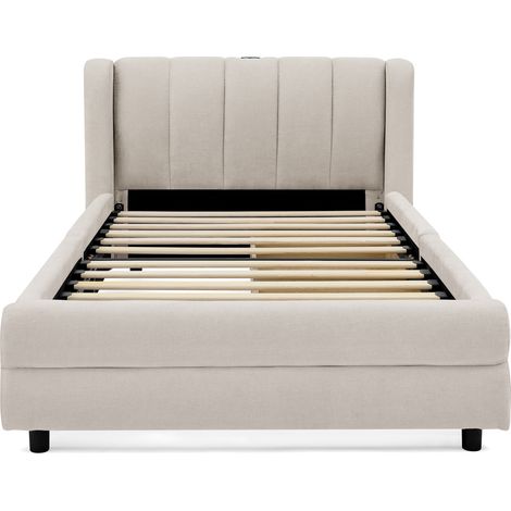 Cama individual 90x200 cm de chenilla beige con cajones y puertos USB-C (1/5)