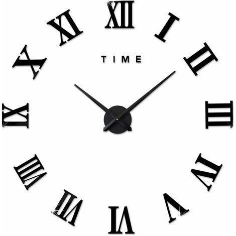 Moderne DIY Grand Pendule Murale Chiffres Romains Big Montre Stickers 3D Horloge Montre Murale Home Office Décoration Amovible (Batterie Non Inclus) Noir (1/4)