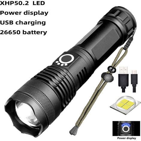 Lampe Torche LED Ultra Puissante, 12000 Lumens Lampe de Poche Rechargeable, XHP70.2 Lampe Tactique, IP67 Étanche, 5 Modes USB Torche, pour Camping Randonnée Urgence (avec 5000mAh batterie) (1/5)