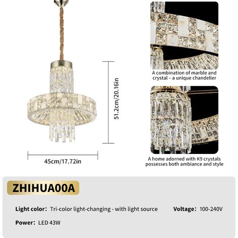 LED Kristall-Pendelleuchte Ø 45 cm Gold, Moderne Ring-Hängeleuchte, 3 Lichtfarben, Dimmbar, Designer-Lampe