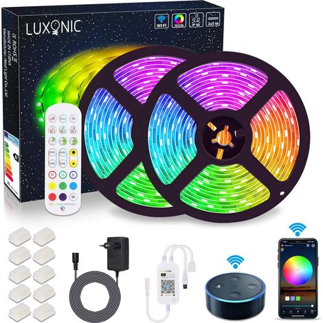 Ruban LED WiFi 10 m (2 x 5M), Bande LED RGB 5050 SMD IP65 Multicolore 16 Millions de Couleurs Sync avec Musique Smart Téléphone APP Travail avec Alexa Google Home, pour Décoration Maison (1/5)