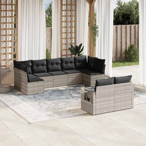 Set muebles jardín 9 pzas y cojines ratán sintético gris claro vidaXL (1/5)
