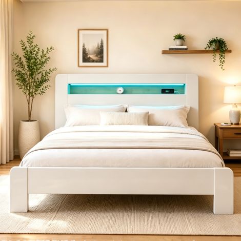 Lit plateforme moderne en bois blanc 180x200 cm avec rangement tête de lit, LED intégrées et prises électriques (1/4)