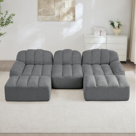Divano modulare a U 3 posti con 2 pouf, schiuma 32D, grigio HAVRYA (1/5)