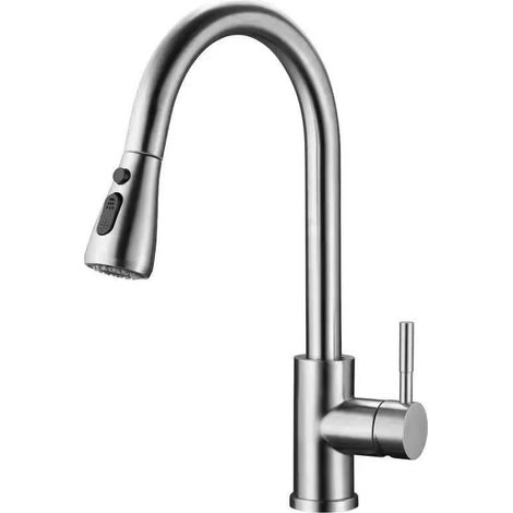 Cross-border trade stainless steel pull-out kitchen faucet, hot and cold water universal telescopic faucet for vegetable sinks and dishwashers -- brushed finish, one-button water stop pull-out design.