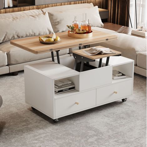 Mesa de centro elevable 100x50x47.5 cm madera natural y blanco MDF con tablero abatible, 4 cajones y ruedas con freno (1/5)
