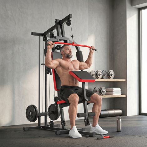 Station musculation multifonction disques libres banc amovible 136x107x205 cm noir rouge. Station multifonction pour un entraînement complet, robuste et performante. (1/5)