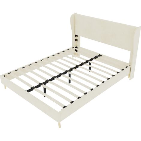 Modernes Polsterbett Beige 140 x 200 cm, Bettgestell mit Lattenrost, flaches Design (1/5)
