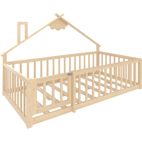 Cama cabaña infantil 90 x 190 cm de pino natural con barrera y cierre (1/5)