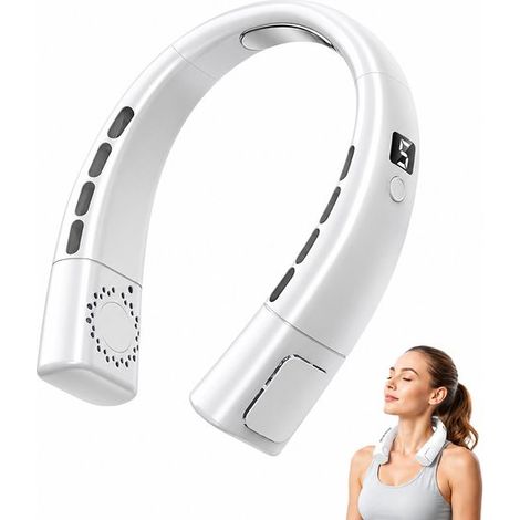 Ventilateur de cou avec flux d'air à 360°, 5 vitesses, écran LED, silencieux, autonomie jusqu'à 8 h, pour extérieur et bureau, blanc (1/5)