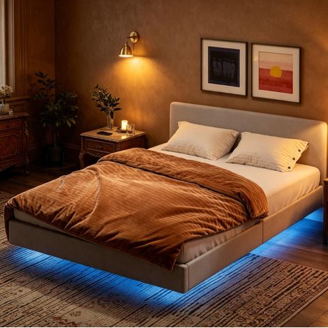 Schwimmbettrahmen 140x190 cm mit LED-Beleuchtung – Modernes Leinen-Doppelbett mit RGB-Lichter, Holzlattenrost & stabiler Tragkraft (1/5)