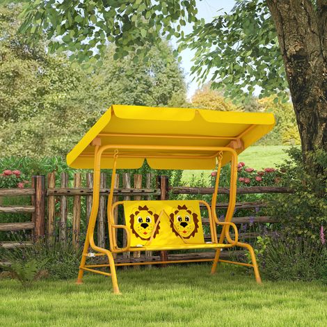 Columpio infantil de exterior de 2 plazas con toldo ajustable y cinturones de seguridad, 112x75x120 cm, amarillo.