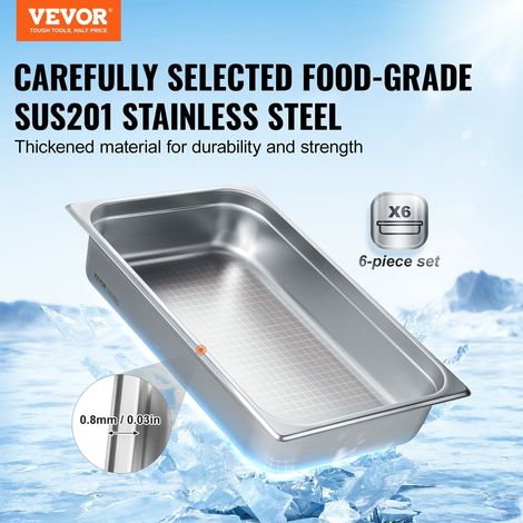 Bac Gastronorme GN 1/1 Lot de 6, Récipient Inox pour Bain-marie 0,8 mm d'Épaisseur, Bac Inox Alimentaire 10,7 cm Profondeur, pour Fours à Convection, Réfrigérateurs, Stockage, Restauration