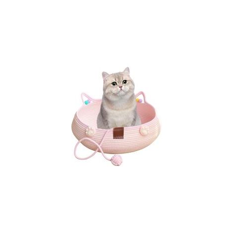 Panier en corde de coton rose avec oreilles pour chat d'intérieur, petits chiens et lapins - joli panier avec pompons et balle de jeu (35 x 13 cm)-Crezuo