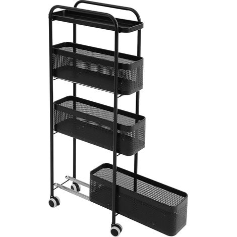 Chariot de cuisine étroit à 4 étages avec roulettes et paniers extensibles – Étagère étroite de 15 cm pour cuisine, salle de bain, salon – Acier au carbone – Panier en maille ventilée Noir (1/5)