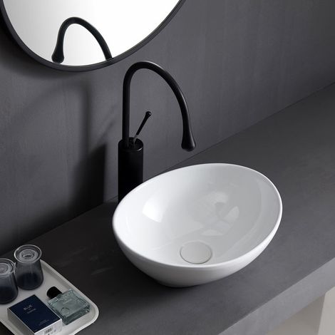 Vasque à poser céramique ovale blanche 41 x 33,5 x 15cm – Surface ultra-lisse – Résistance aux chocs – ERIVB041 – Eridanus