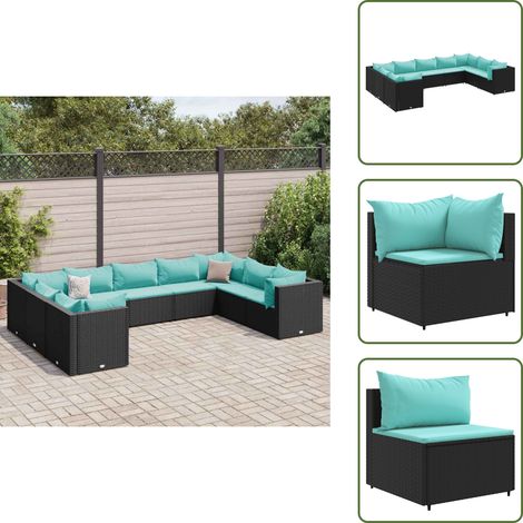 The Living Store 9-tlg. Garten-Lounge-Set mit Kissen Schwarz Poly Rattan - Gartensessel (1/5)