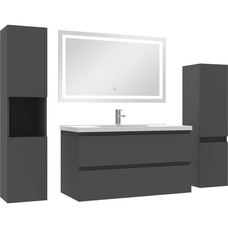 Ensemble meubles Salle de Bain 100cm vasque + colonne + miroir LED Anthracite (1/5)