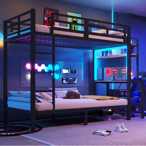 Lit superposé enfant 90x200 cm en métal noir, gain de place pour chambre, sans matelas FloraGrace (1/5)