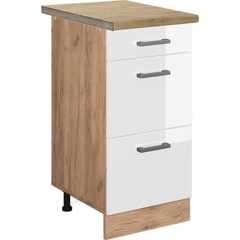 Meuble cuisine R-Line, Blanc Haute brillance, 40 cm avec tiroirs, PT Chêne, Vicco