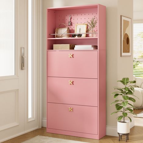 Scarpiera con 3 Vani Ribaltabili, 2 Ripiani Aperti e Pannello Forato per Ingresso, Rosa, 80 × 24 × 178.5 cm (1/5)