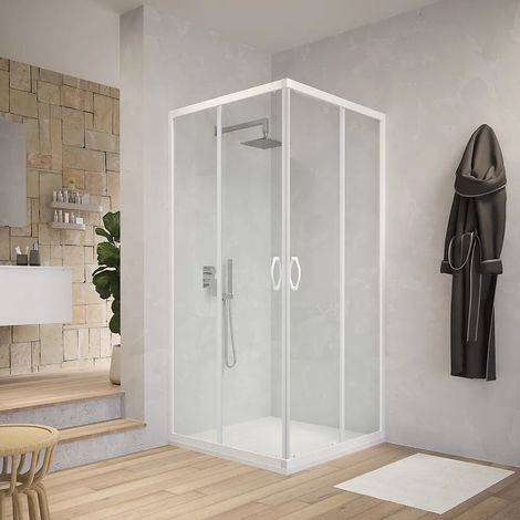 Box Doccia Scorrevole 90x90 cm Profili in Alluminio Bianco Vetro 4mm Trasparente h185 - Reversibile Mod. Grenada