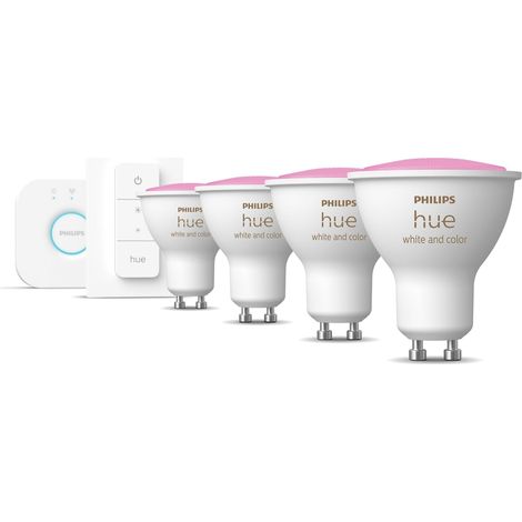 Philips Hue Kit de démarrage GU10 avec 4 Spots LED Lumière blanche et colorée - Comprend 1 Bridge, 1 Variateur de lumière - White et Color Ambiance (1/5)