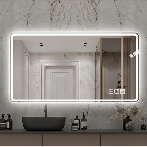 LED-Badezimmerspiegel 100x60 cm aus Glas und silberfarbenem Metall, beschlagfrei – MEUBLIV (1/5)