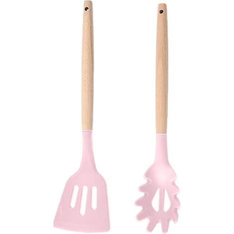 Ustensiles de cuisine en silicone, ensemble de 2 ustensiles de cuisine, ustensiles de cuisine en bois faciles à nettoyer (1/5)