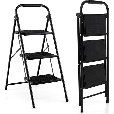 Escabeau 3 marches en métal avec marches larges antidérapantes, poignée rembourrée et format pliable pour maison, bureau et entrepôt (1/5)