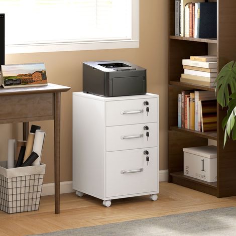 Caisson de Bureau Mobile avec 3 Tiroirs Verrouillables, Caisson de Rangement sur Roulettes, 40 x 40 x 69,5 cm, Blanc (1/5)