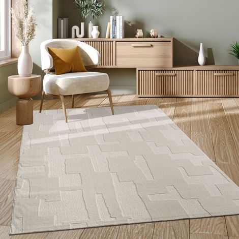Paco Home Tapis Salon Chambre Adulte Poils Ras Motif Scandinave Geometrique Boho Uni 240x340 cm, Crème 2