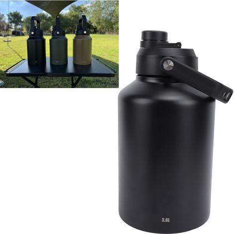 Botella de agua deportiva de 3,8 litros fabricada en acero inoxidable de doble pared, negra, antideslizante y con buen agarre. (1/5)