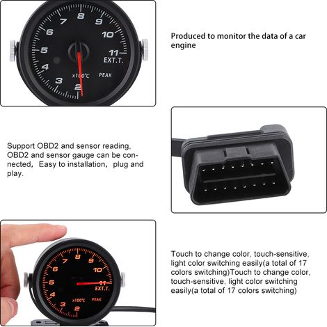 (Marque agréée) Cammus 60 mm OBD2 Multicolore Monofonction Jauge de température d'échappement mécanique pour modification automobile (Livré avec pile) (1/5)