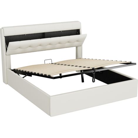 Cama tapizada blanca 160 x 200 cm con arcón, elevación hidráulica, PU y somier (1/5)