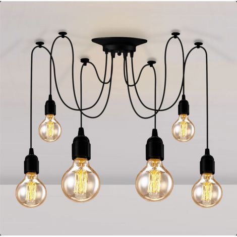 Suspension Luminaire Pendentif 6 x E27 Douille Rétro Lustre Araignee Noir