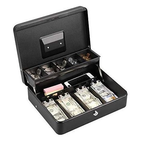 Boîte à billets en métal verrouillable argent, pièce de monnaie et boîte de sécurité grande caisse avec serrure - nouvelle boîte à billets en métal - noir (1/5)
